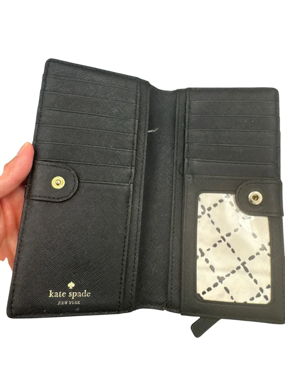 Kate Spade Black Long Saffiano Leather Zip Wallet with Gold Plaque
